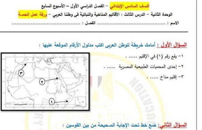 مراجعات نهائية.. أسئلة تقييم الاسبوع السابع في الدراسات الاجتماعية الصف السادس الابتدائي