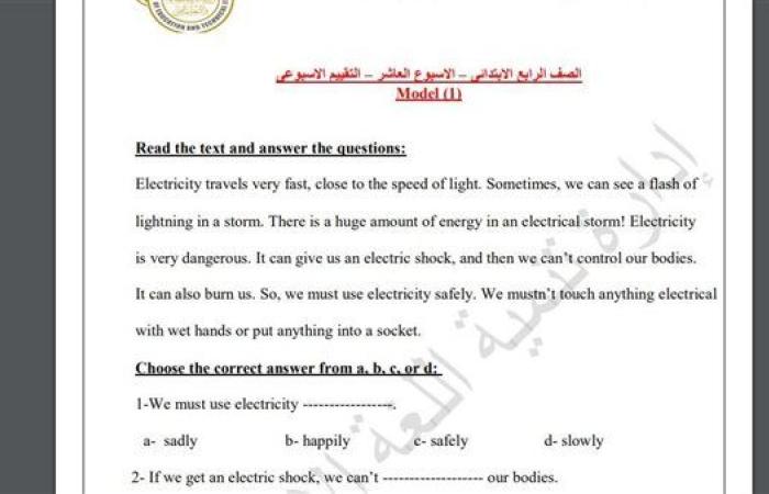 مراجعات نهائية.. أسئلة تقييم الاسبوع العاشر في اللغة الإنجليزية الصف الرابع الابتدائي