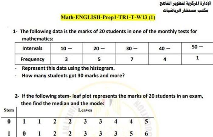 مراجعات نهائية.. أسئلة تقييم الأسبوع الـ 13 الرياضيات math لـ الصف الأول الإعدادي