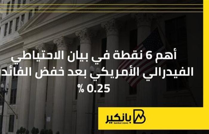 أهم 6 نقاط في بيان الاحتياطي الفيدرالي الأمريكي بعد خفض الفائدة 0.25%