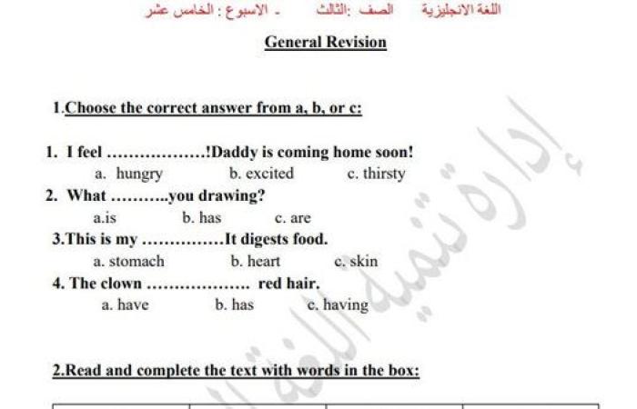 مراجعات نهائية.. لطلاب الصف الثالث الابتدائي.. أسئلة تقييم الاسبوع الـ 15 في اللغة الإنجليزية