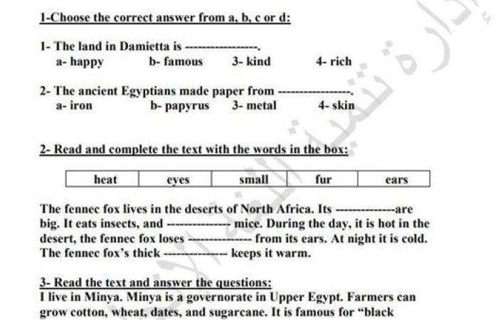 مراجعات نهائية.. لطلاب الصف الرابع الابتدائي.. أسئلة تقييم الاسبوع الـ 15 في اللغة الإنجليزية