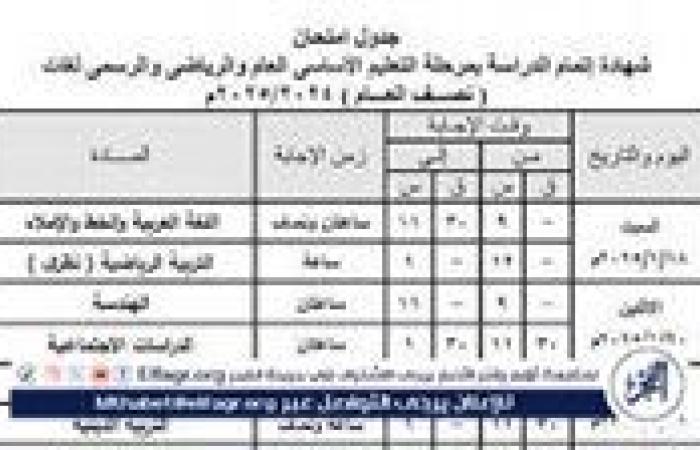 جدول امتحانات الصف الثالث الإعدادي 2025 بجميع المحافظات