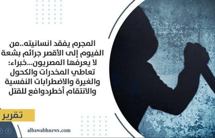 المجرم يفقد إنسانيته.. من الفيوم إلى الأقصر جرائم بشعة لا يعرفها المصريون.. خبراء: تعاطي المخدرات والكحول والغيرة والاضطرابات النفسية والانتقام أخطر دوافع للقتل